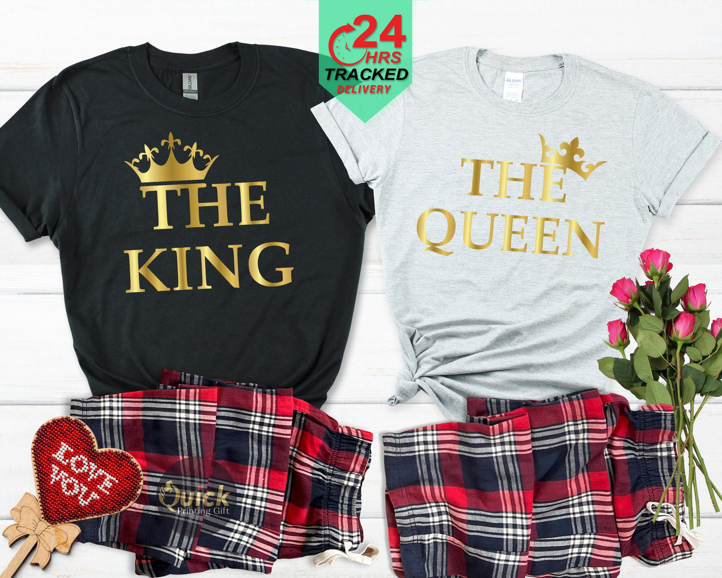King & Queen Matching Pajama Set: Flannel Bottoms, Soft Cotton Tees