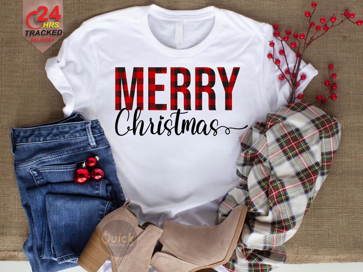 Merry Christmas T-shirt, Buffalo Plaid Christmas Shirt, Matching Christmas Family Shirt, Christmas Gift, Holiday Gifts for her