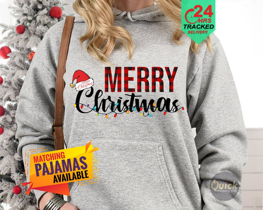 Merry Christmas Hoodie: Santa Hat & Lights, Matching Family Pajamas