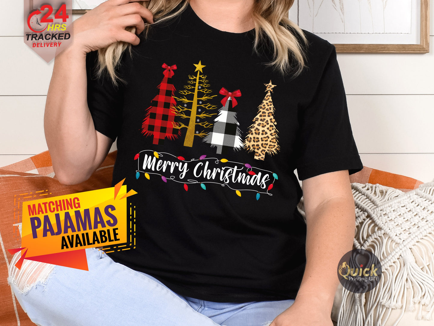 Merry Christmas T-Shirt: Buffalo Plaid Leopard Print Christmas Trees