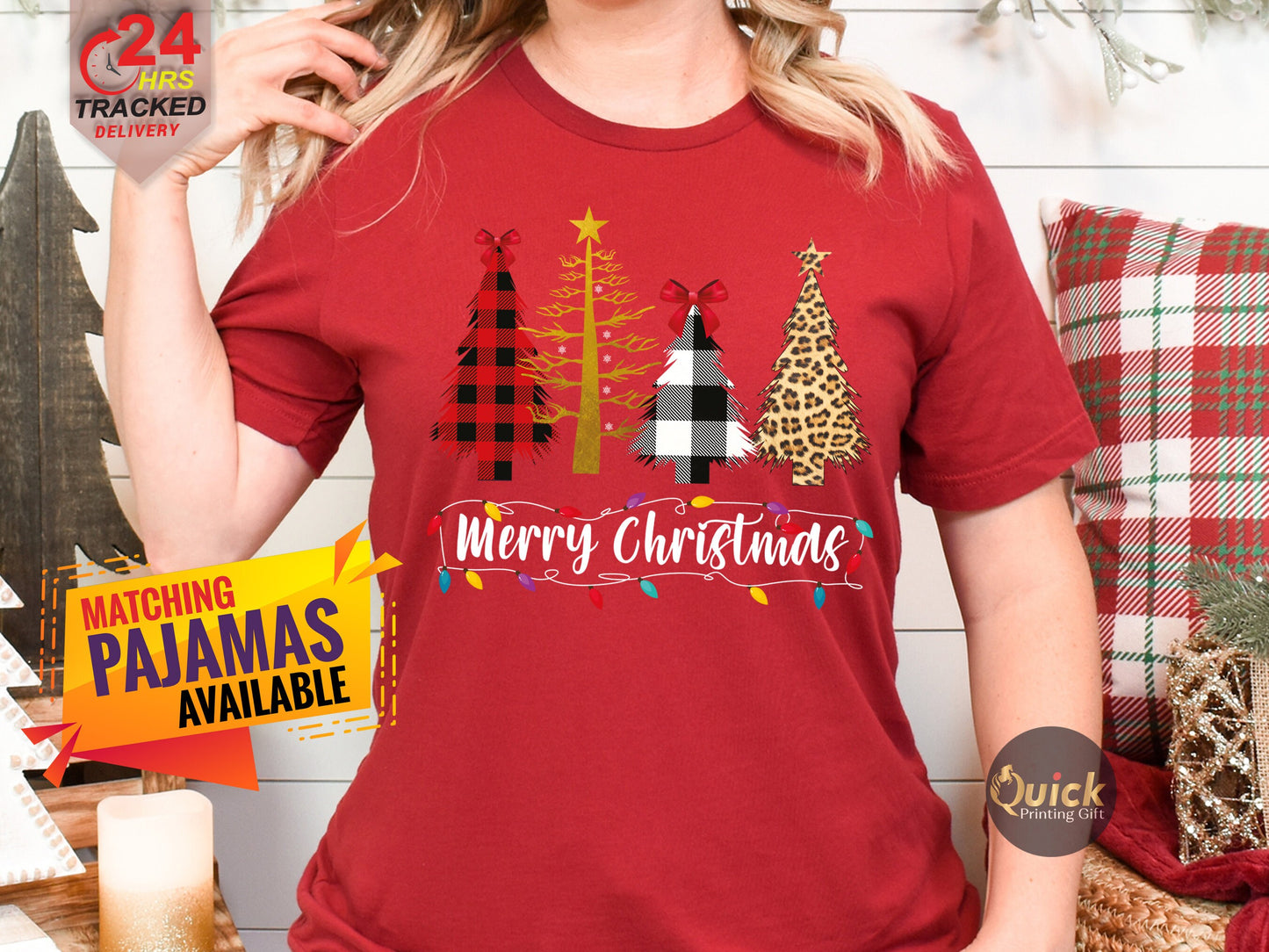 Merry Christmas T-Shirt: Buffalo Plaid Leopard Print Christmas Trees