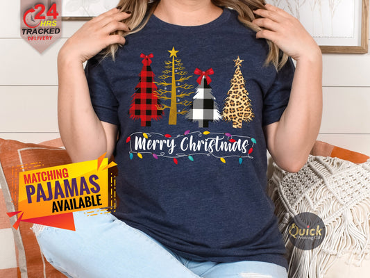 Merry Christmas T-Shirt: Buffalo Plaid Leopard Print Christmas Trees