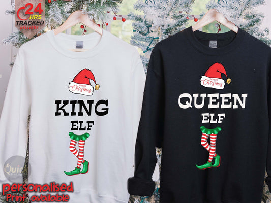 King Queen Elf Christmas Sweatshirt: Matching Couple Jumper