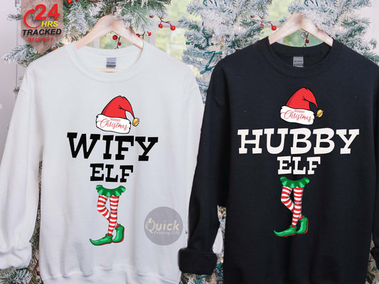 Hubby Wifey Elf Christmas Sweatshirt: Matching Couple Jumpers