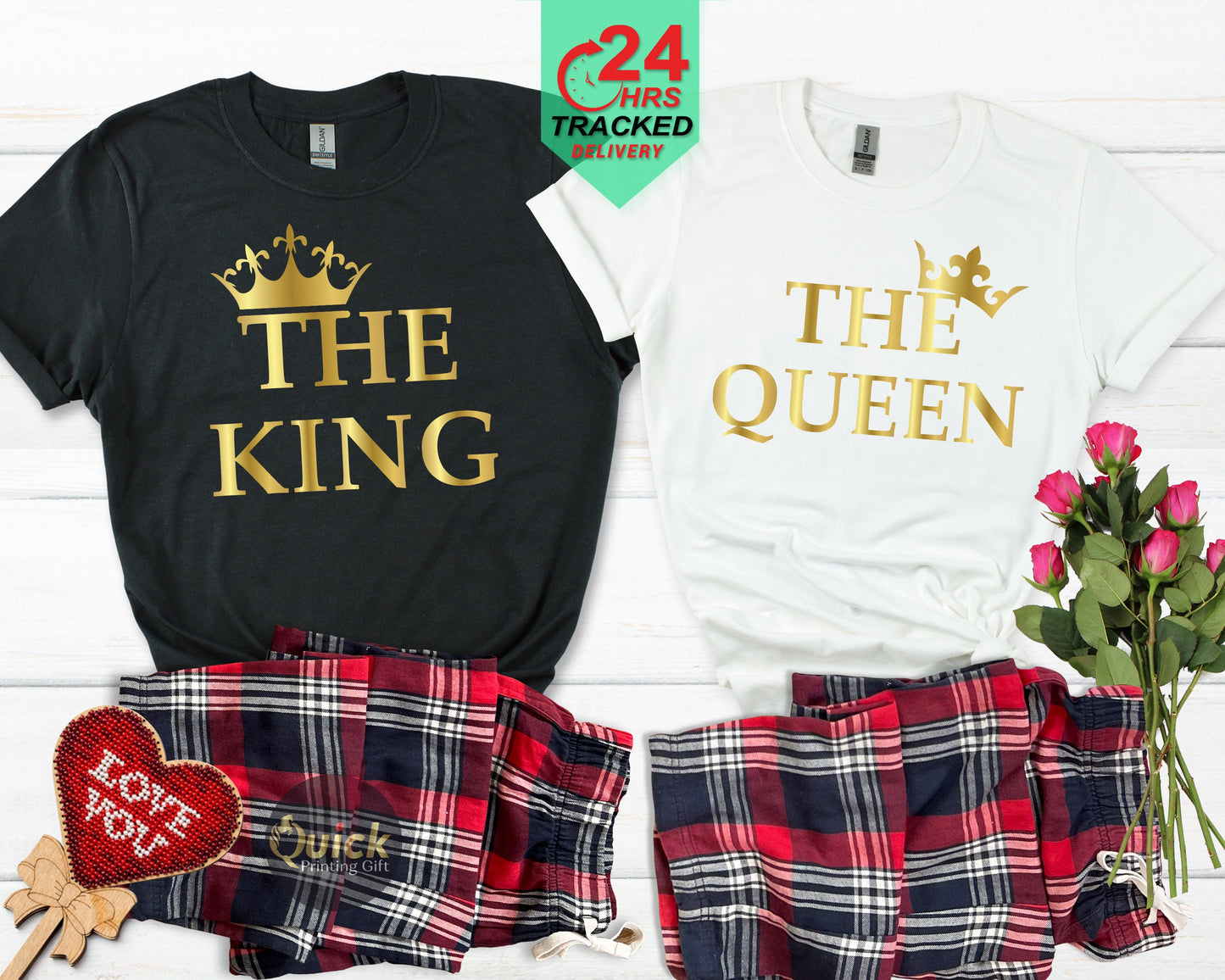 King & Queen Matching Pajama Set: Flannel Bottoms, Soft Cotton Tees