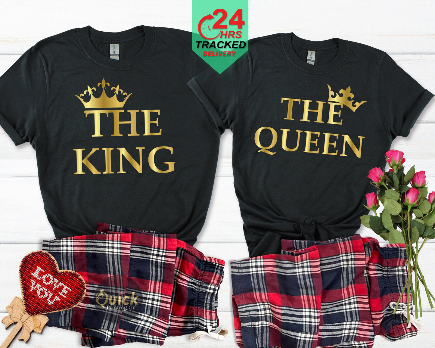 King & Queen Matching Pajama Set: Flannel Bottoms, Soft Cotton Tees