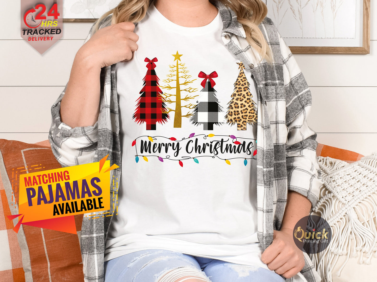 Merry Christmas T-Shirt: Buffalo Plaid Leopard Print Christmas Trees