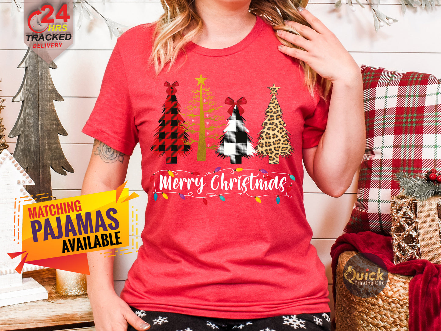 Merry Christmas T-Shirt: Buffalo Plaid Leopard Print Christmas Trees