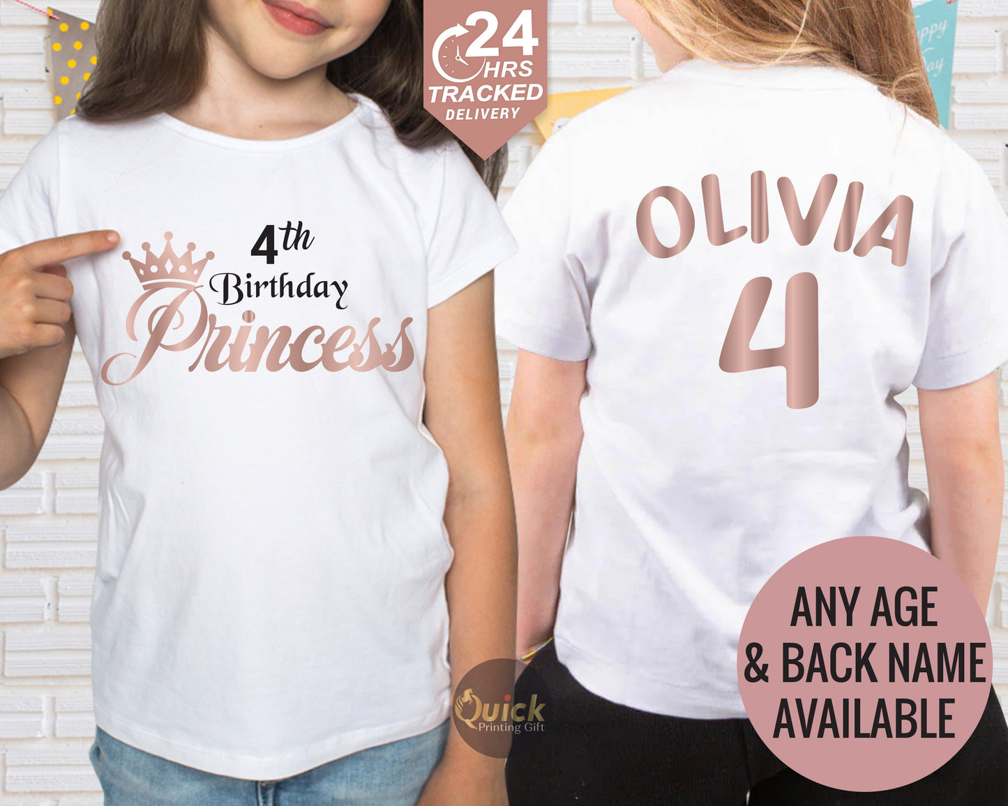 Personalized 4th Birthday Princess Shirt: Rose Gold Print Cotton Tee