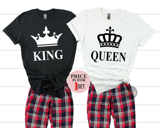 King and Queen Pajamas Set: Matching Couple's T-Shirt & Flannel Bottoms