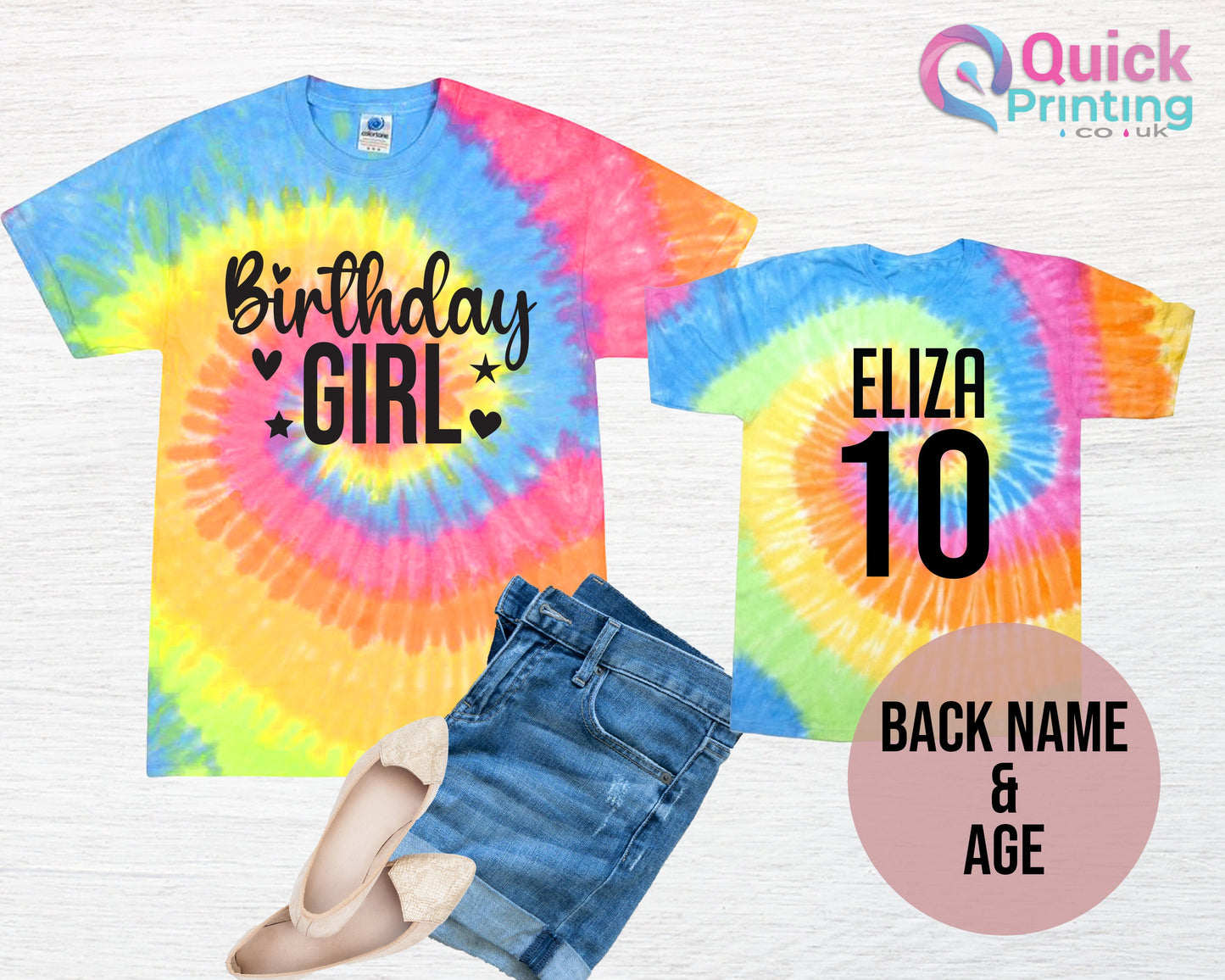 Rainbow Tie Dye Birthday Girl Shirt - Custom Age & Name