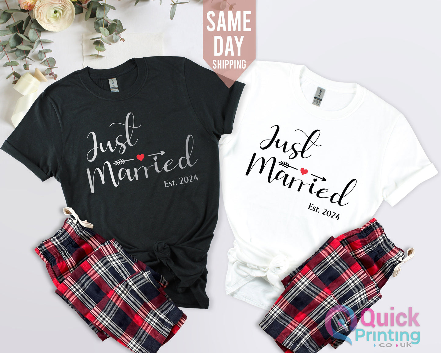Just Married Couple Pajamas Set: Matching Flannel PJs
