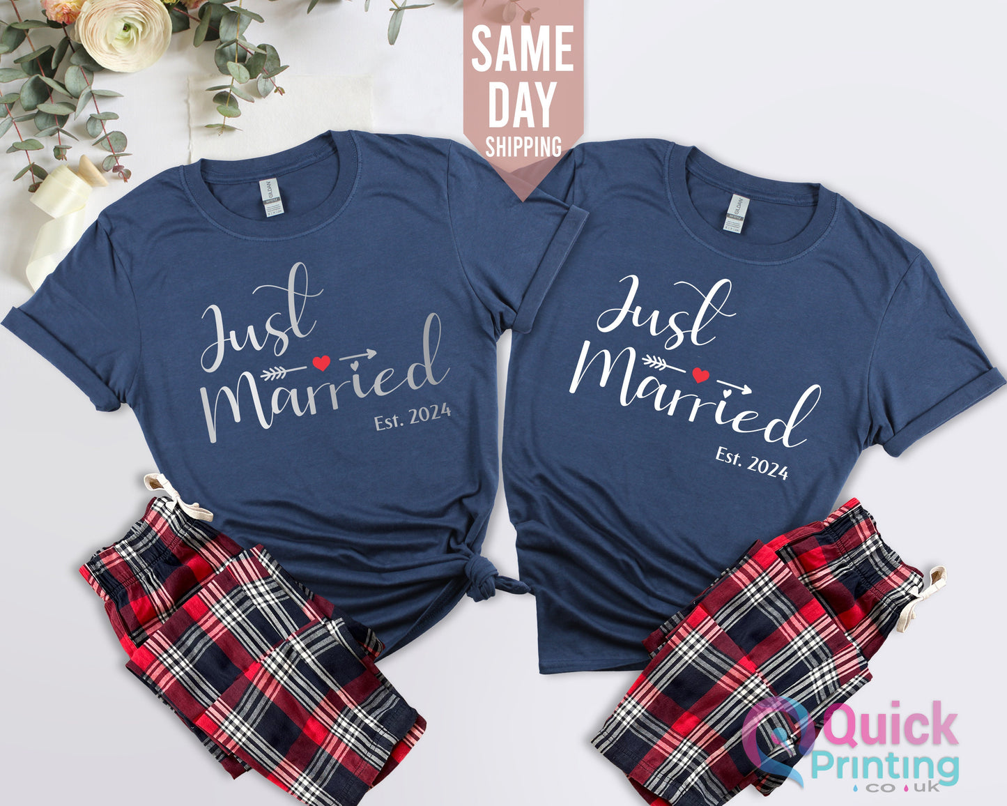 Just Married Couple Pajamas Set: Matching Flannel PJs