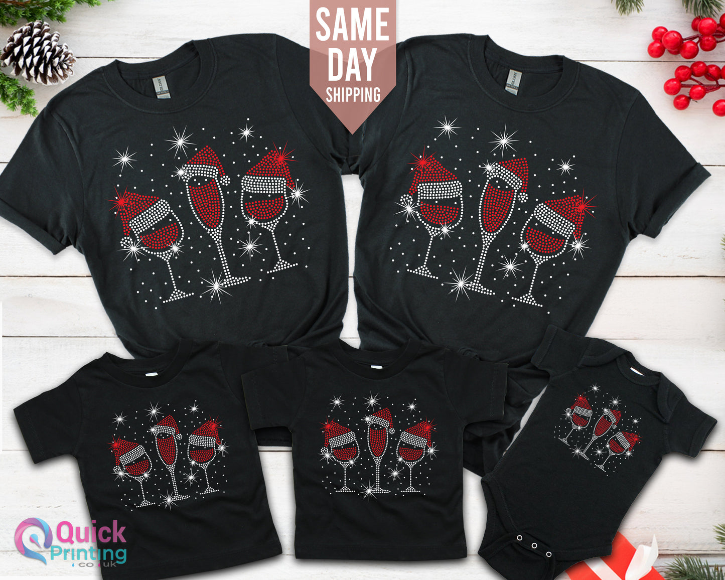 Family Christmas T-Shirt: Santa Wine Glass Xmas, Unisex Cotton Tee