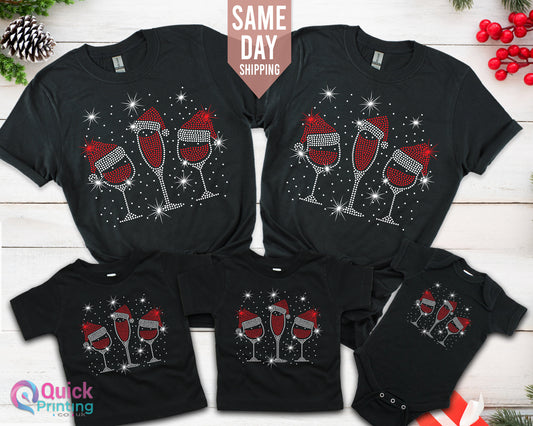 Family Christmas T-Shirt: Santa Wine Glass Xmas, Unisex Cotton Tee
