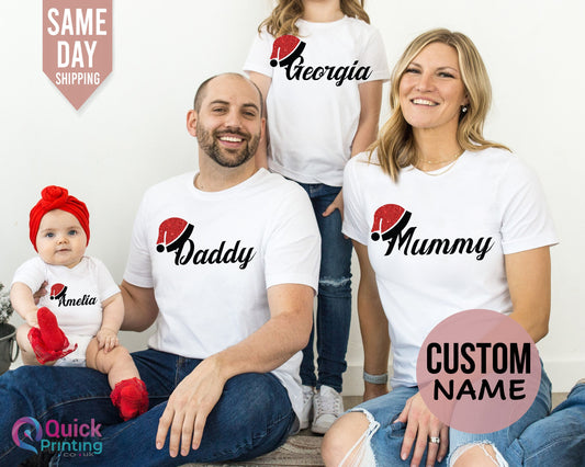 Personalized Family Christmas T-Shirt: Glitter Santa Hat Matching Top