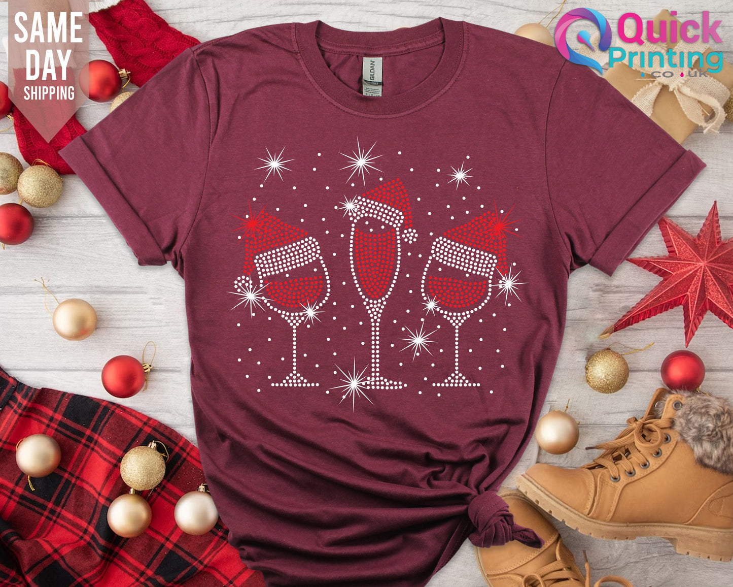 Funny Christmas Wine Glass Santa Hat Tee - Wine Lover Gift