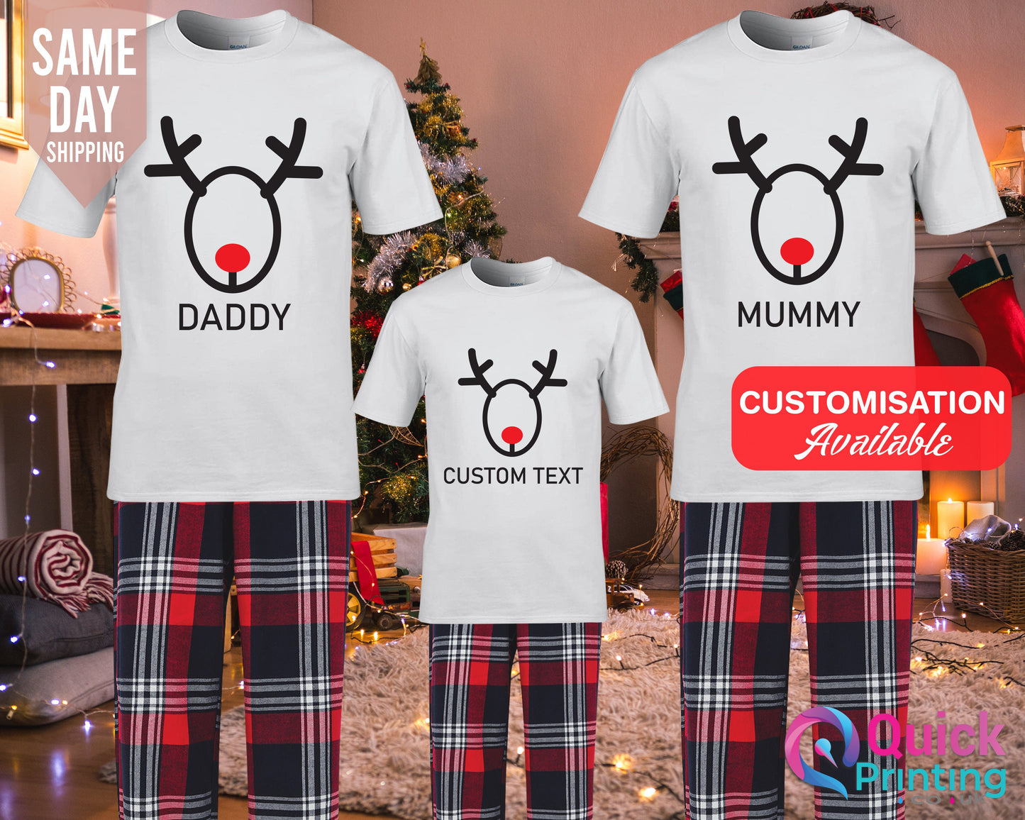 Personalized Family Christmas Pajamas Set: Reindeer Matching Xmas Tee