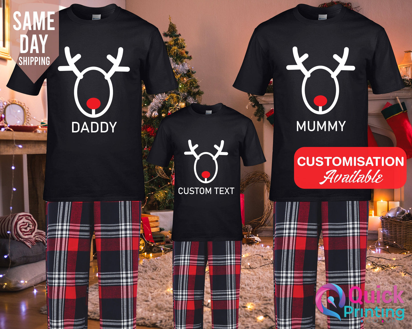 Personalized Family Christmas Pajamas Set: Reindeer Matching Xmas Tee