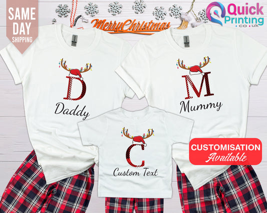 Personalized Family Christmas Pajamas: Reindeer Initial Cotton PJs