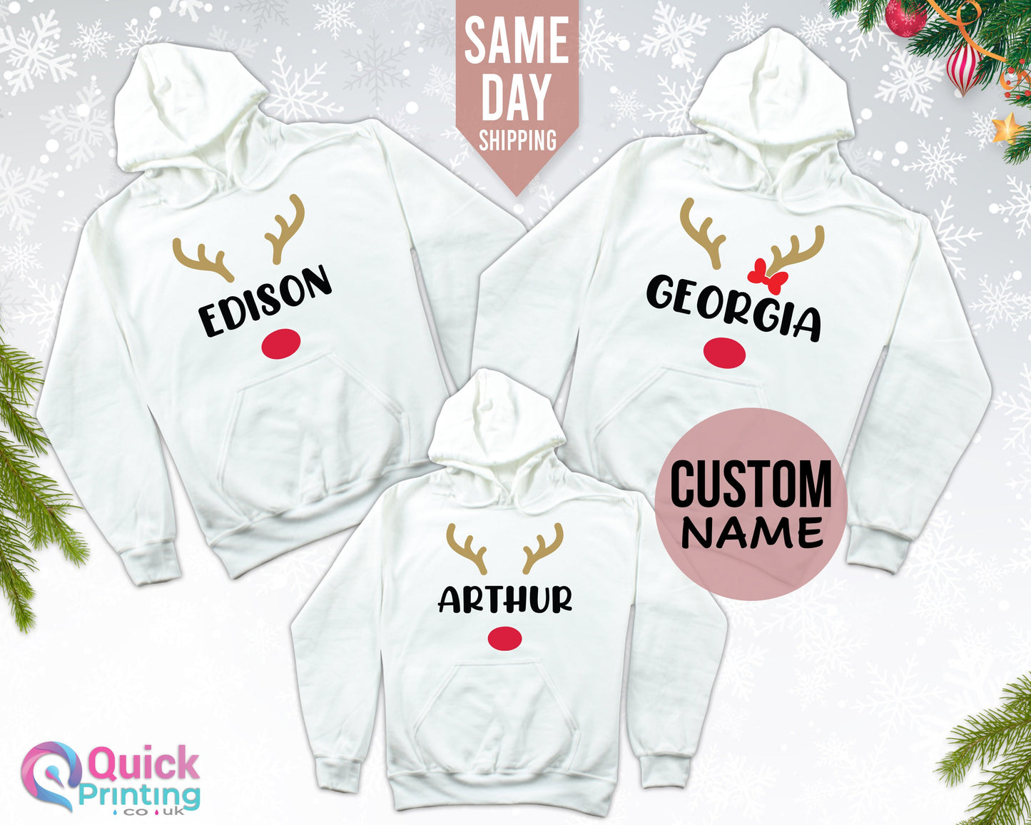 Personalized Reindeer Family Hoodies: Custom Christmas Matching Tops
