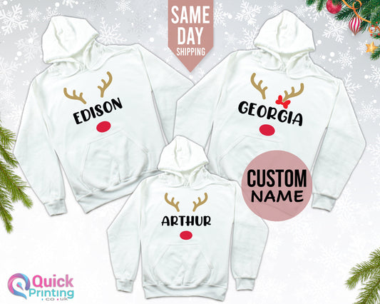 Personalized Family Christmas Hoodie: Reindeer Matching Hooded Jumper