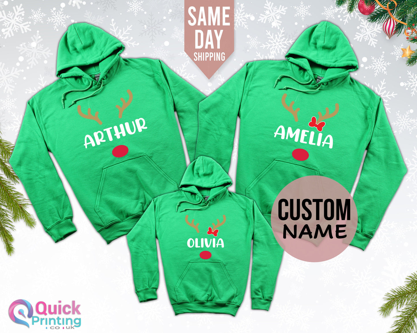 Personalized Family Christmas Hoodie: Reindeer Matching Hooded Jumper
