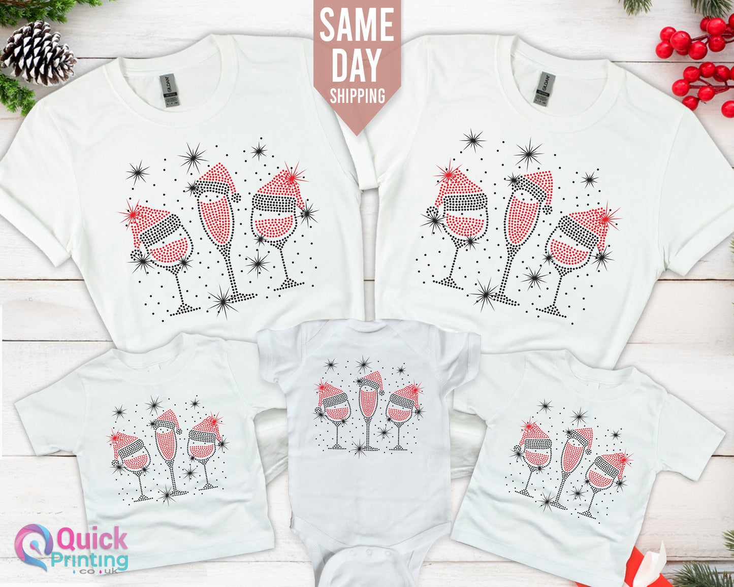 Family Christmas T-Shirt: Santa Wine Glass Xmas, Unisex Cotton Tee