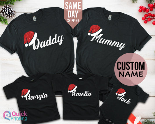 Custom Christmas thirst, Family Christmas T-shirt Personalised Matching Gift Glitter Santa Hat Top, Family Christmas Party, Christmas Gift T