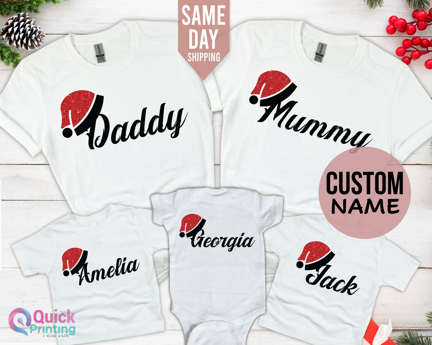 Personalized Family Christmas T-Shirt: Glitter Santa Hat Matching Top