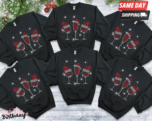 Christmas Wine Sweatshirt: Reindeer Santa Hat Holiday Jumper
