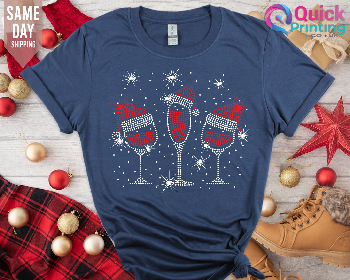 Funny Christmas Wine Glass Santa Hat Tee - Wine Lover Gift