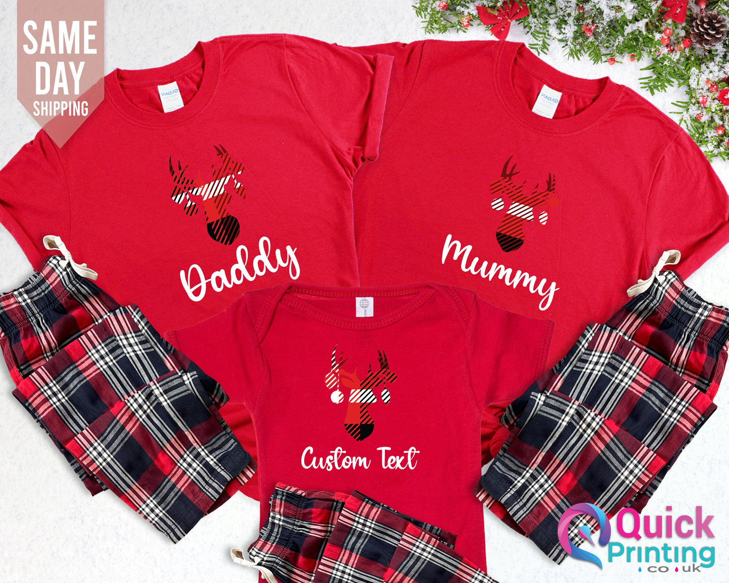 Personalized Family Christmas Pajamas: Plaid Reindeer PJs