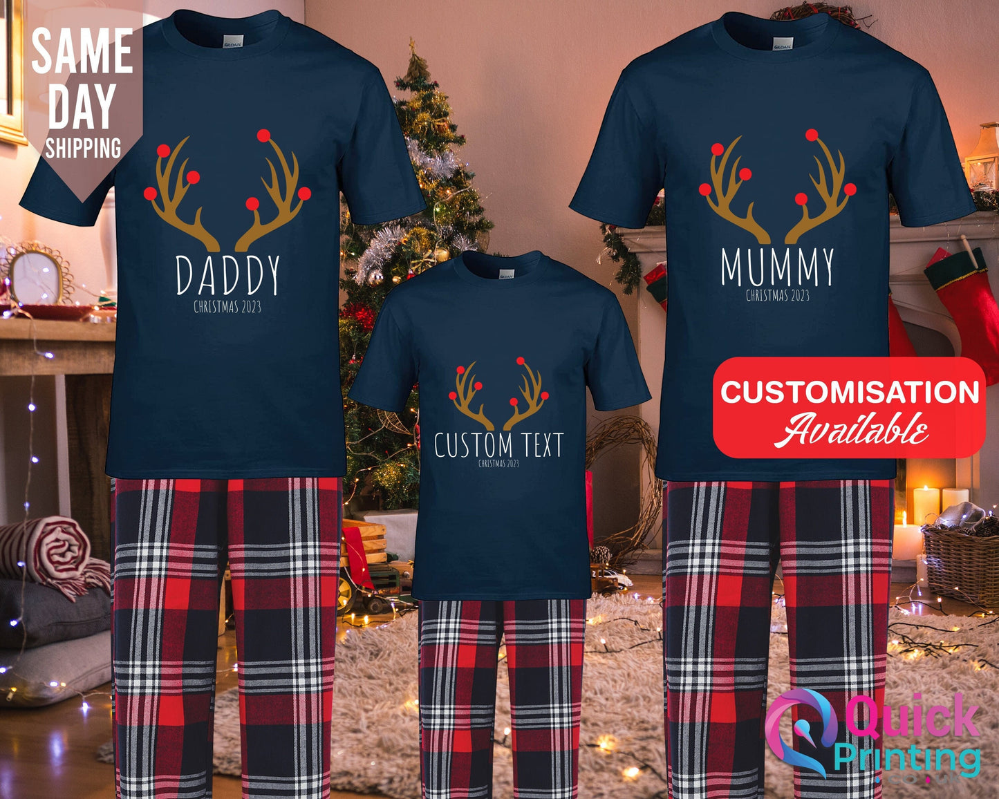 Personalized Family Christmas Pajamas: Reindeer Squad Cotton PJs