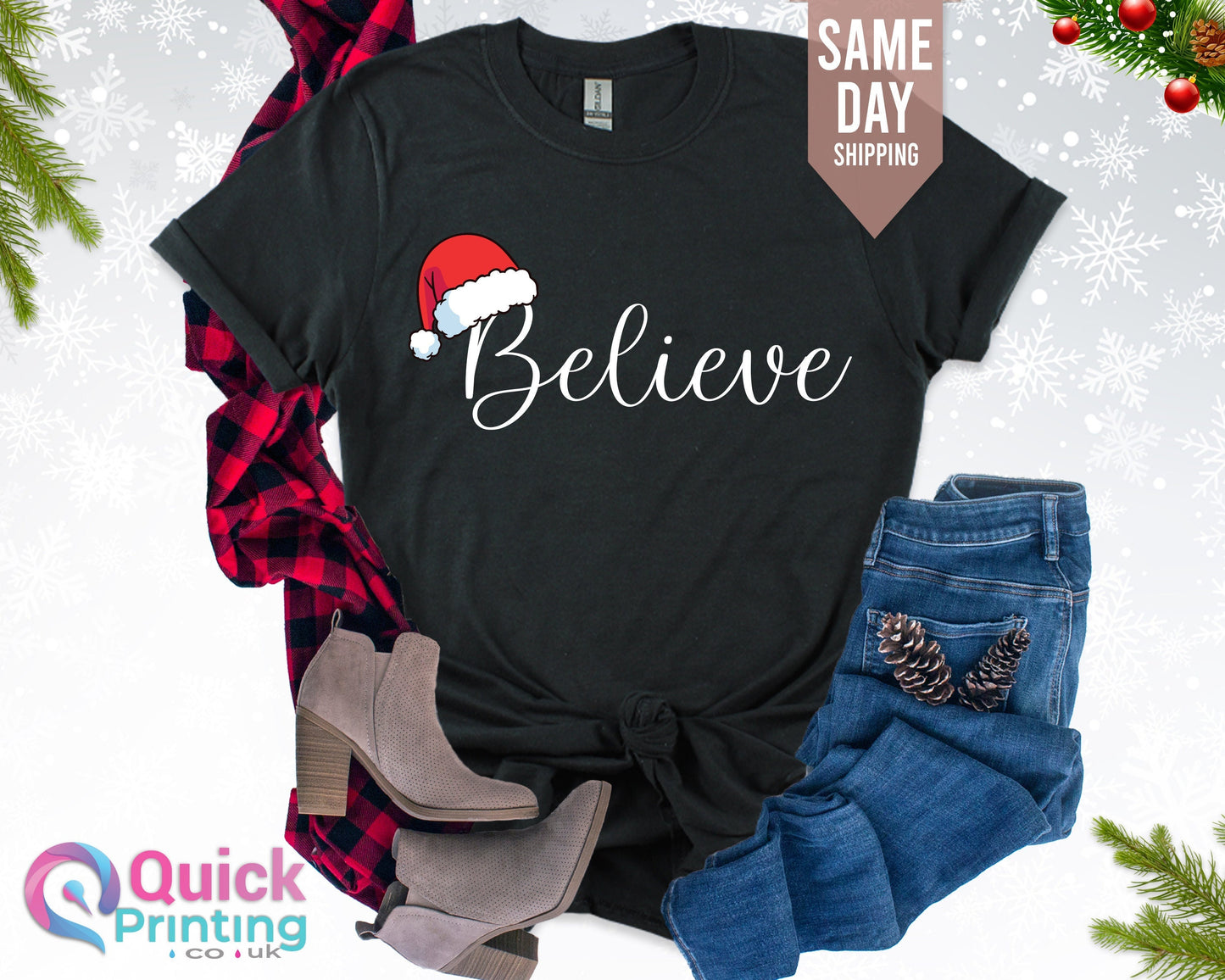 Believe Christmas Shirt: Santa Hat Holiday Tee
