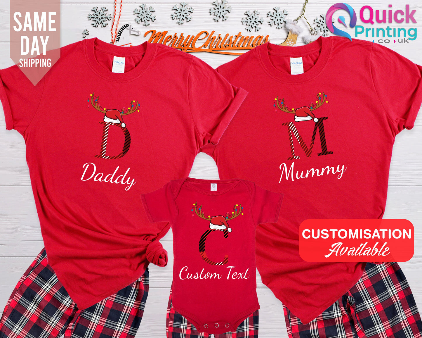 Personalized Family Christmas Pajamas: Reindeer Initial Cotton PJs