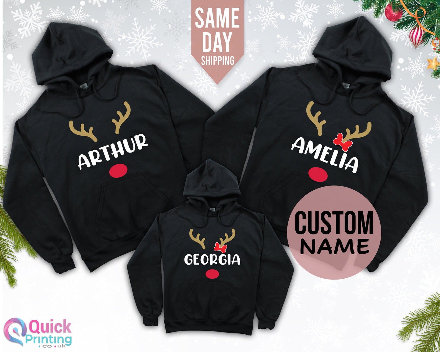 Personalized Reindeer Family Hoodies: Custom Christmas Matching Tops