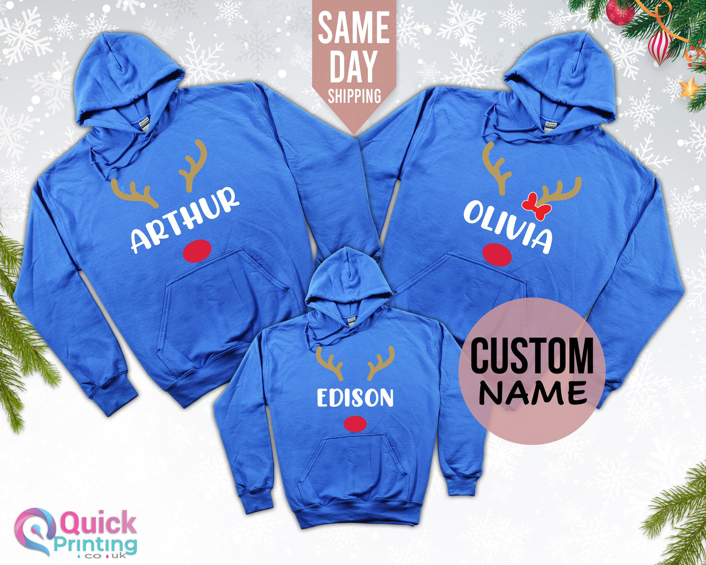 Personalized Reindeer Family Hoodies: Custom Christmas Matching Tops