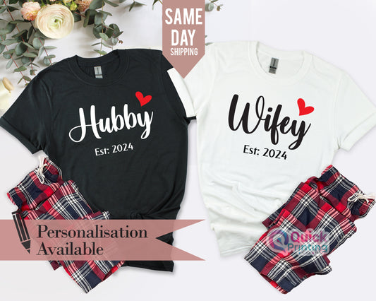 Custom Year Wifey HubbyShirt, Valentine tshirt Matching Couples Shirt Trendy Girlfriend Gift Unisex Wedding Gift Husband Crewneck 2024