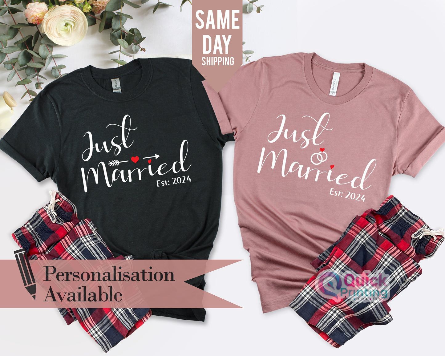 Just Married Personalised T-shirts, Couples, Set, Wedding, Honeymoon, Matching