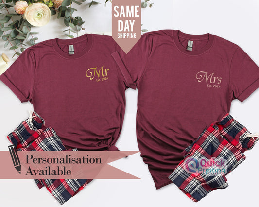 Couple Christmas Pyjamas Shirts, Mr Mrs Xmas Wedding Tshirt, First Married Christmas Outfit, Christmas GIft for Newlyweds, Valentines Gifts
