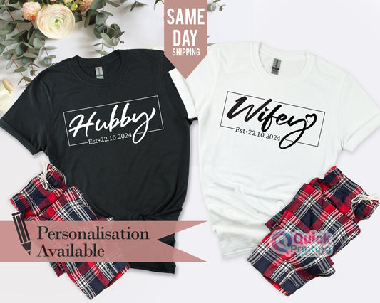 Custom Hubby & Wifey Valentine Couple Shirt Pyjamas, Mr and Mrs Matching Pajamas Set Wedding Gift boyfriend girlfriend Couple matching Shirt