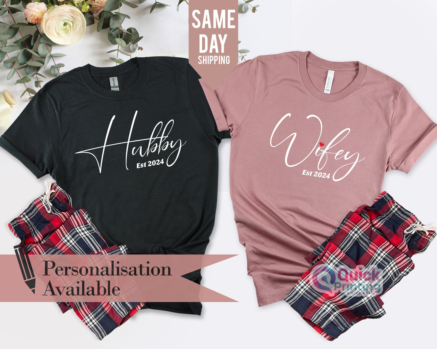 WIFEY est 2024, HUBBY est 2024 T Shirt , Engagement Gift, Wedding Gift, Engagement Announcement, Wife Tee, Personalised wedding hen do gift