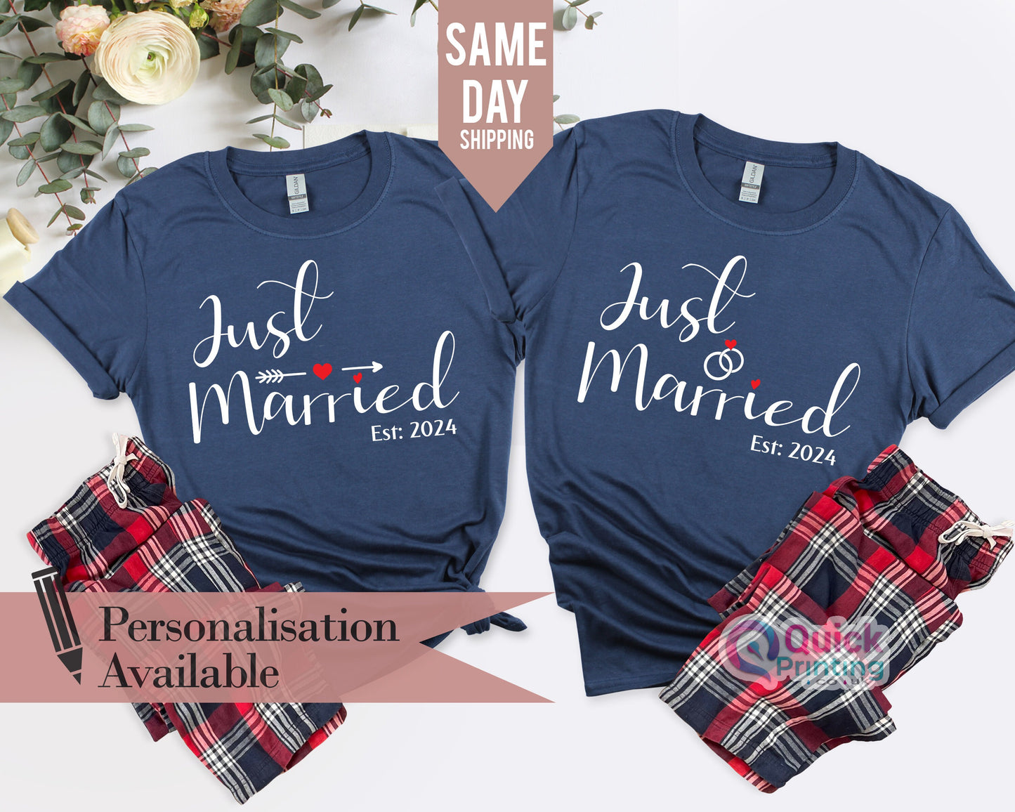 Just Married Personalised T-shirts, Couples, Set, Wedding, Honeymoon, Matching
