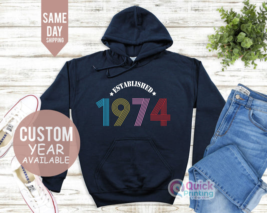 Established 1974 Birthday Hoodie, 50th Birthday Hoodies UK, 50th Birthday Gifts for Women Men, Vintage Birthday Gifts for Dad Mum
