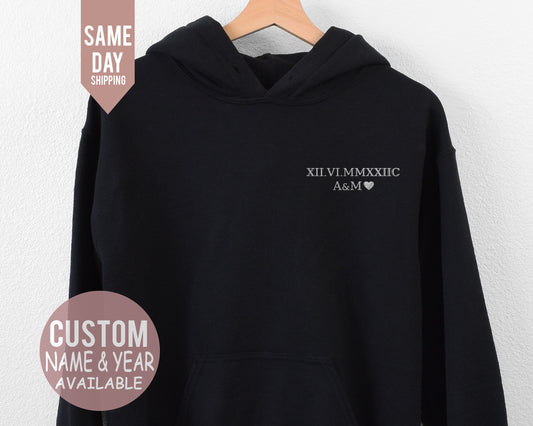 Roman Numeral Embroidered Matching Hoodie, Valentines day Top, Custom Initials With Heart  Hoodies, Custom Anniversary Date Couple Hoodies T