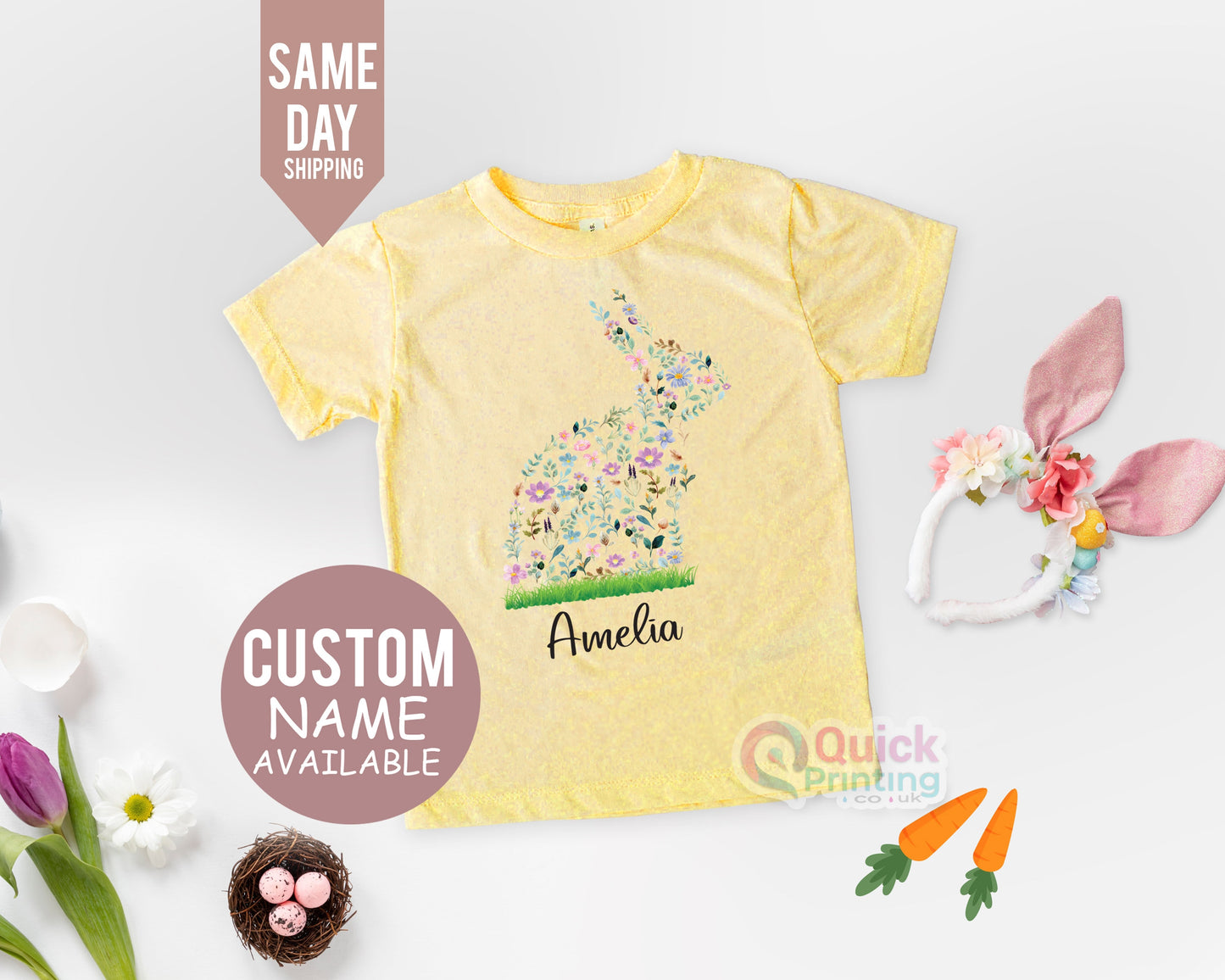 Cute flower bunny Tshirt, Personalised Kids Easter T-Shirt, boys or girls Top, Childrens tshirt Bunny Tshirt, Custom Tshirt, Happy Easter T