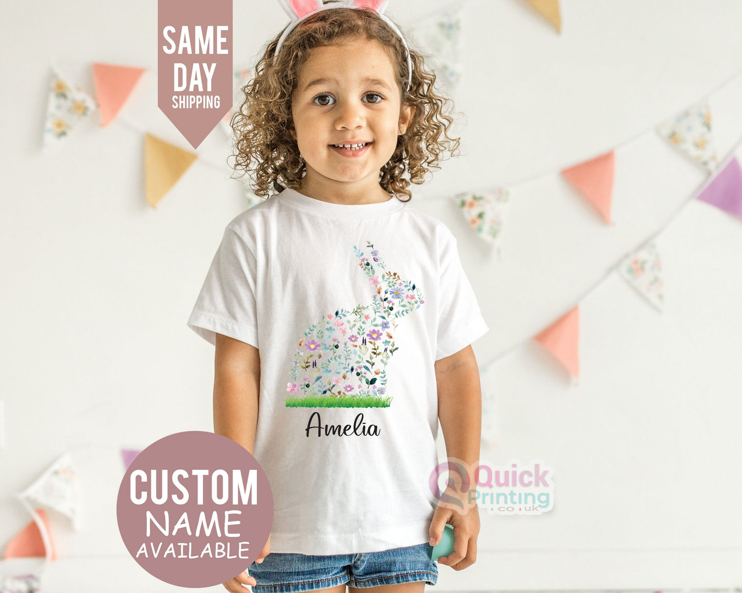 Cute flower bunny Tshirt, Personalised Kids Easter T-Shirt, boys or girls Top, Childrens tshirt Bunny Tshirt, Custom Tshirt, Happy Easter T