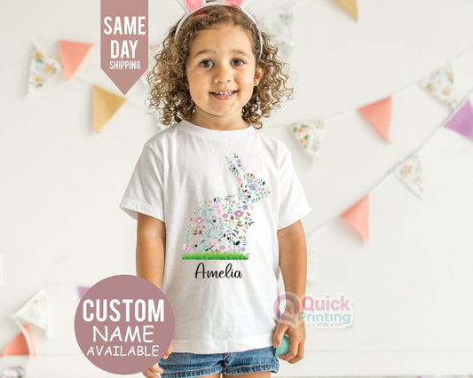 Cute flower bunny Tshirt, Personalised Kids Easter T-Shirt, boys or girls Top, Childrens tshirt Bunny Tshirt, Custom Tshirt, Happy Easter T