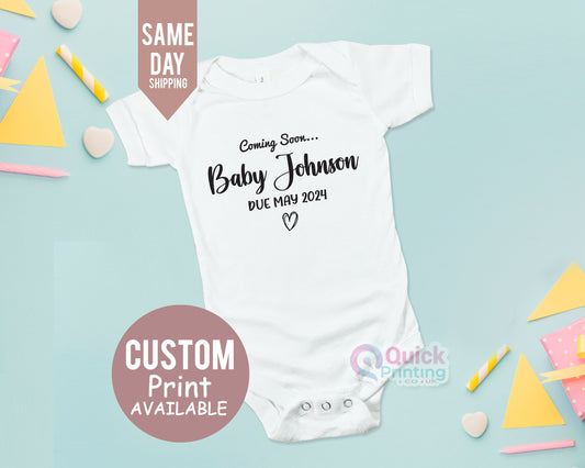 Coming Soon Tshirt, Personalised Pregnancy Baby Announcement Coming Soon Surname and Due Date Baby Grow Vest, Personalised Baby Announcement